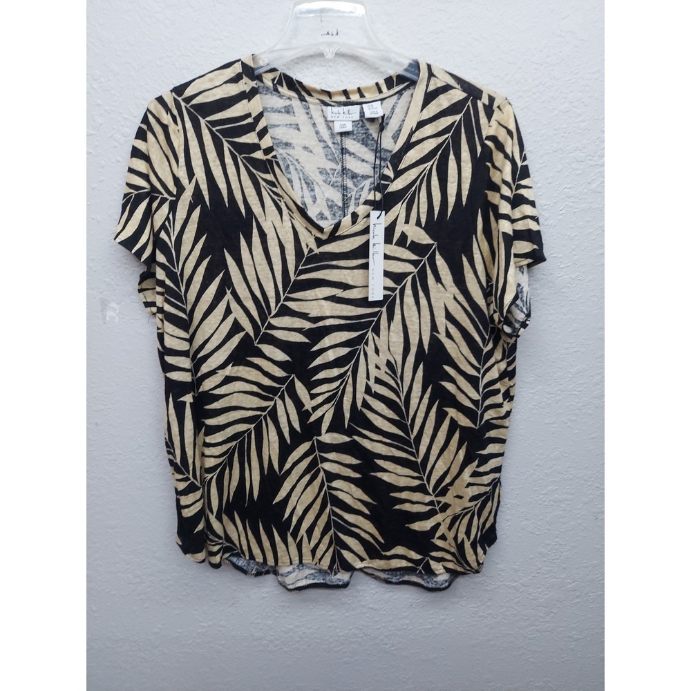 Nicole Miller Linen Top Women 2X Black Tan Leaf Tropical V Neck Short Sleeve New